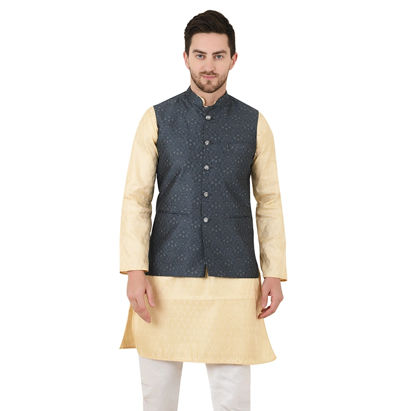 Male model in golden brocade kurta with charcoal grey printed Nehru jacket and white pyjama - ethnic wear ecommerce photography by Lohar Studio Delhi
